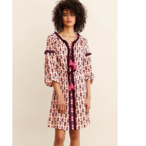 Figue Tula Tasseled Fringe Bohemian Ikat Ballon Sleeve Mini Dress XS NEW - Picture 1 of 11